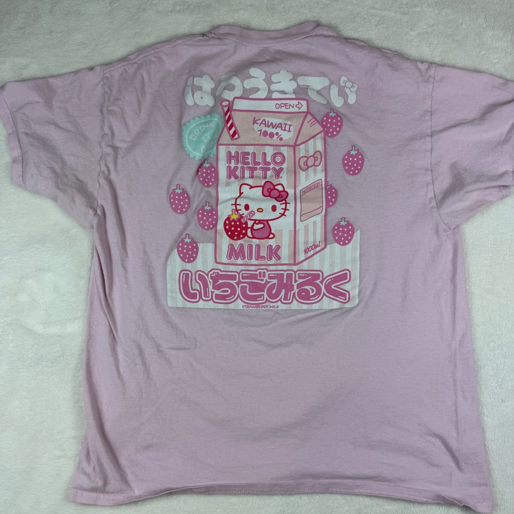 Hello Kitty Sanrio Pink Strawberry Milk Graphic T-Shirt Kawaii XL - Picture 2 of 4